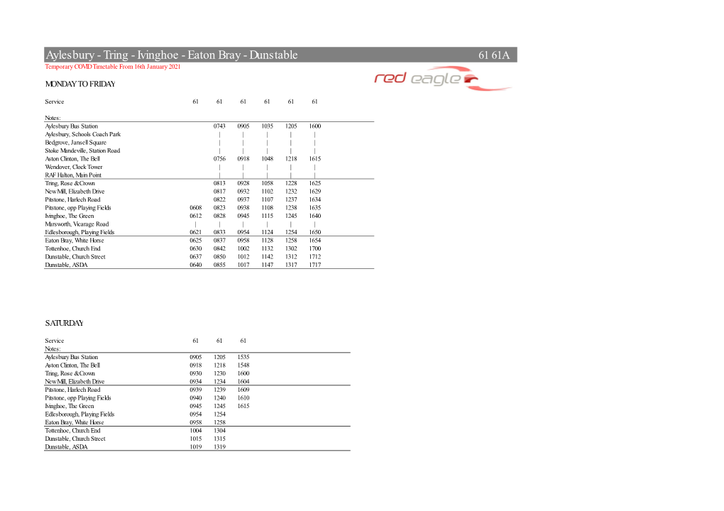 Aylesbury - Tring - Ivinghoe - Eaton Bray - Dunstable 61 61A Temporary COVID Timetable from 16Th January 2021