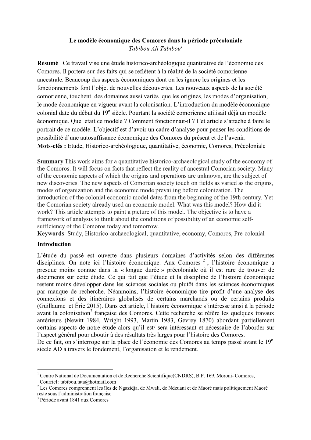 Le Modèle Économique Des Comores Dans La Période Précoloniale 1 Tabibou Ali Tabibou