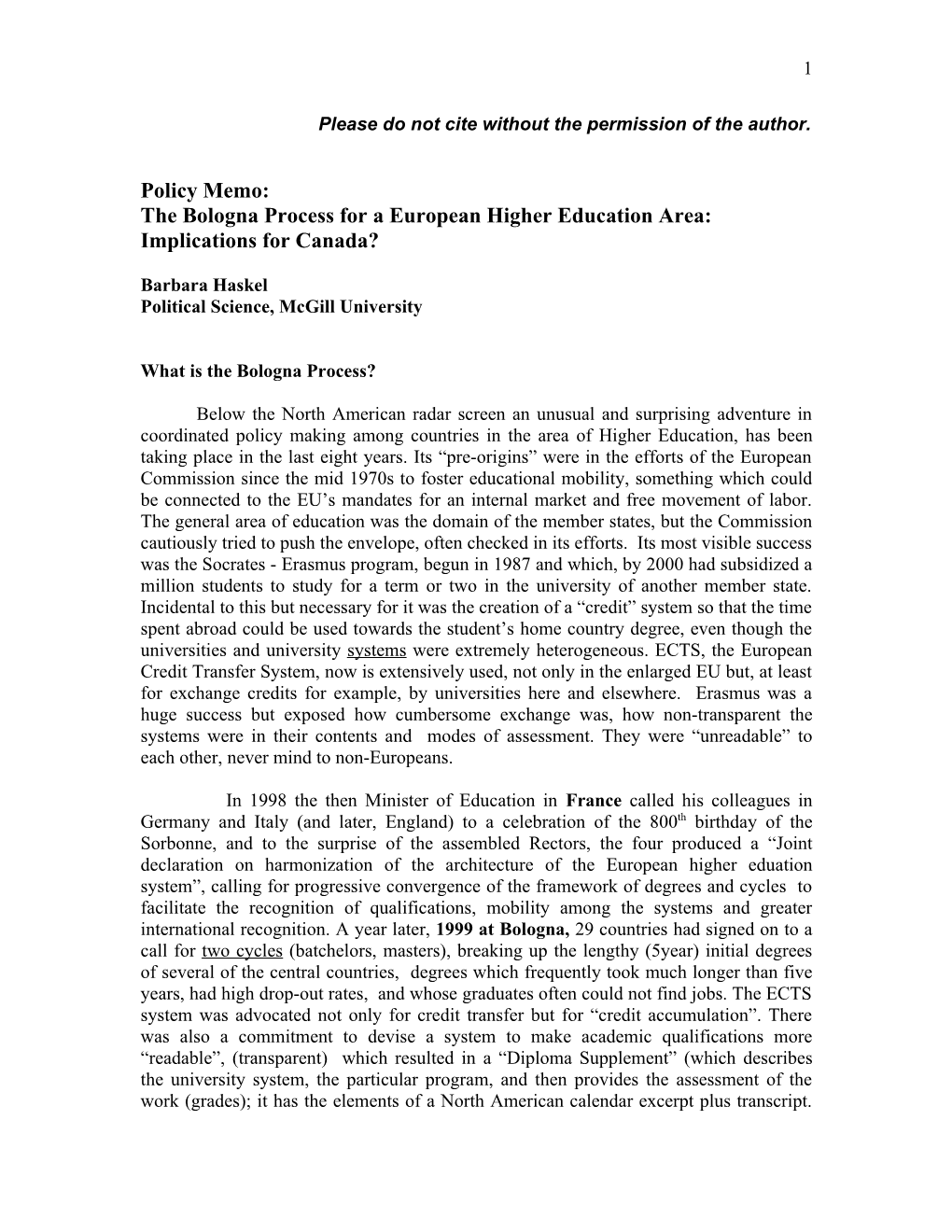 The Bologna Process for a European Higher Education Area: Implications for Canada?