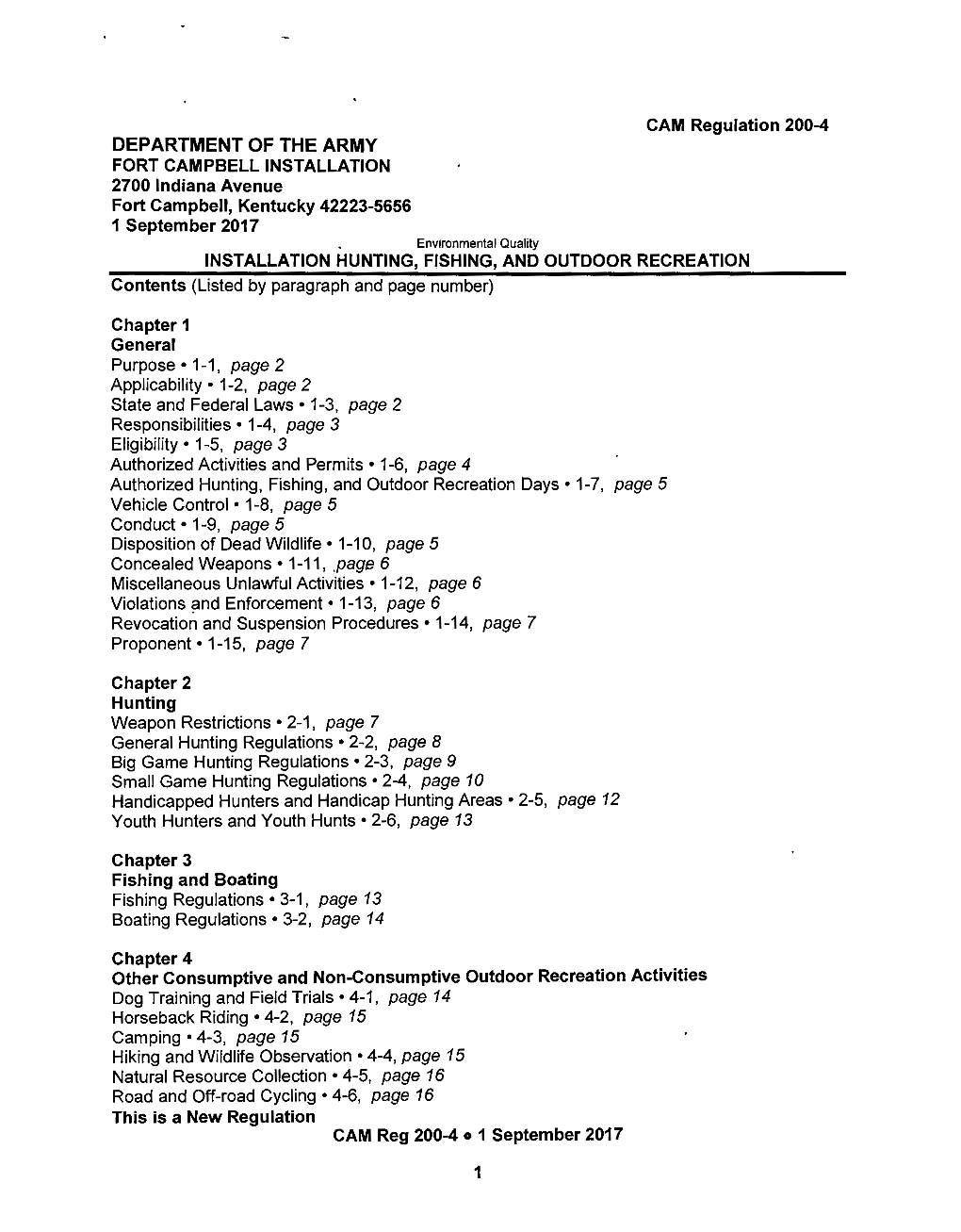 Fort Campbell Regulation 200-4, Hunting, Fishing, and Outdoor