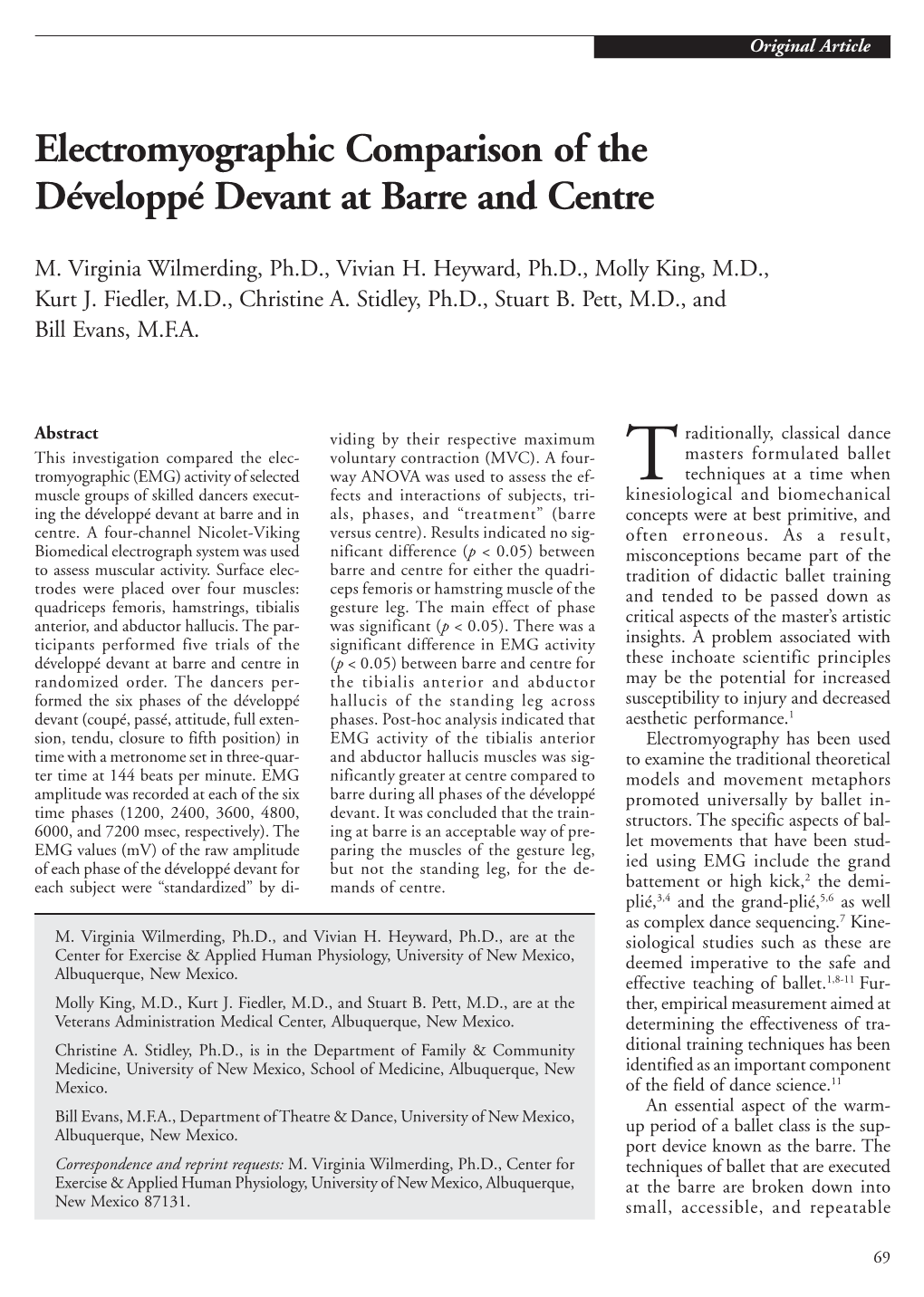 Electromyographic Comparison of the Développé Devant at Barre and Centre