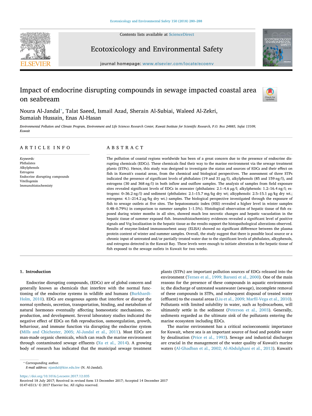 Impact of Endocrine Disrupting Compounds in Sewage Impacted