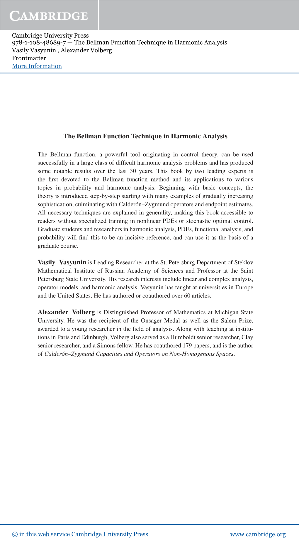 The Bellman Function Technique in Harmonic Analysis Vasily Vasyunin , Alexander Volberg Frontmatter More Information