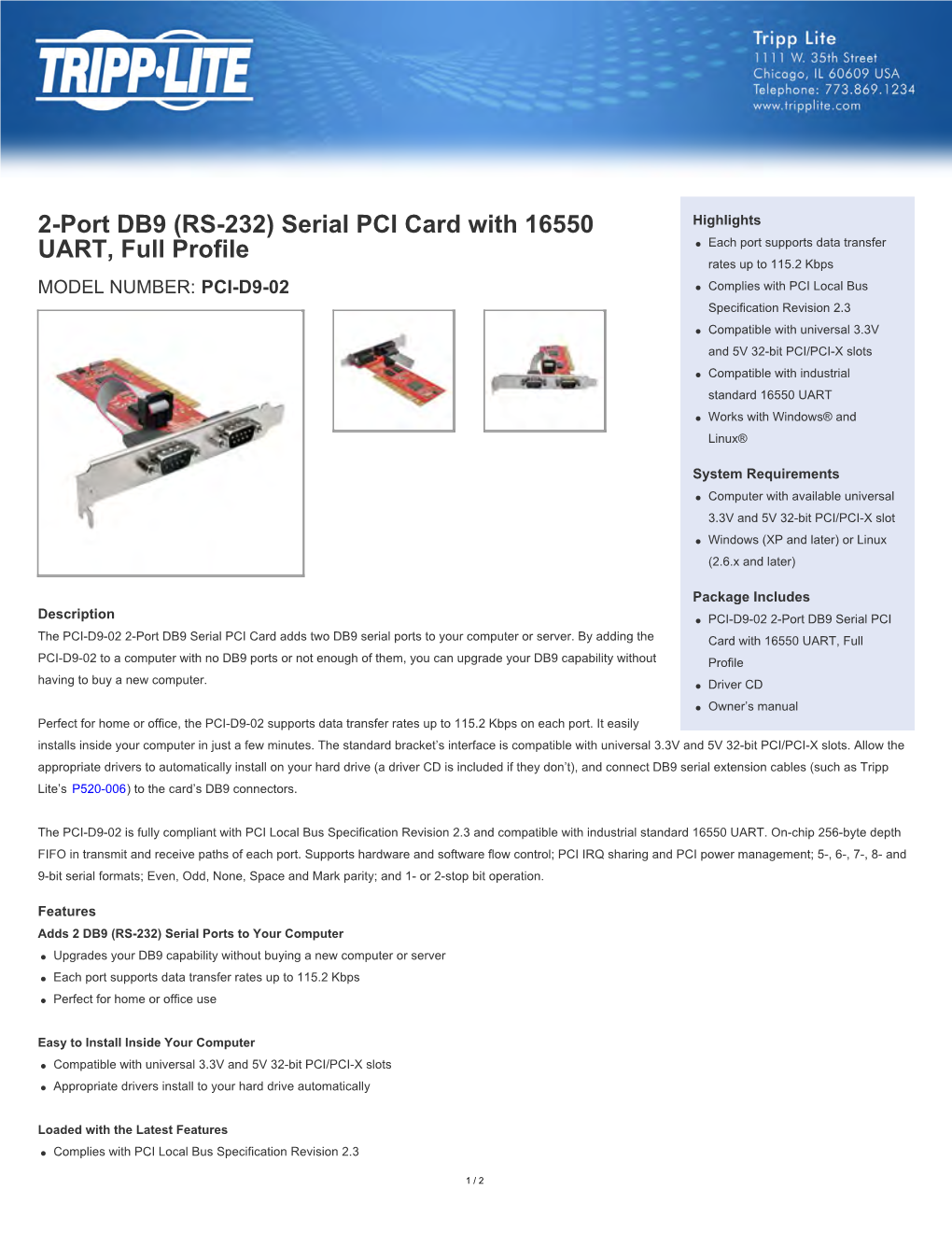 (RS-232) Serial PCI Card with 16550 UART, Full Profile