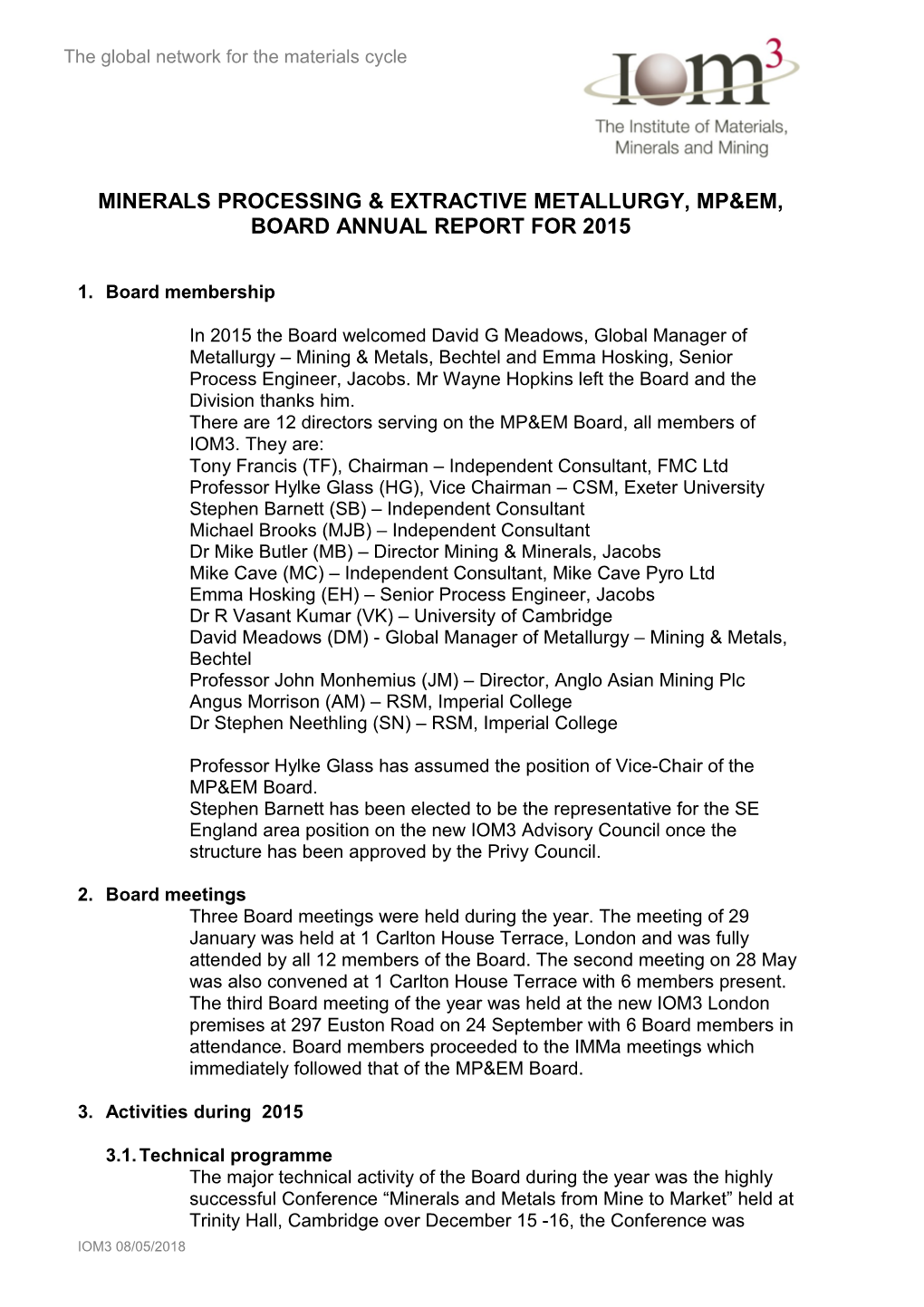 Minerals Processing & Extractive Metallurgy, Mp&Em, Board Annual Report for 2015