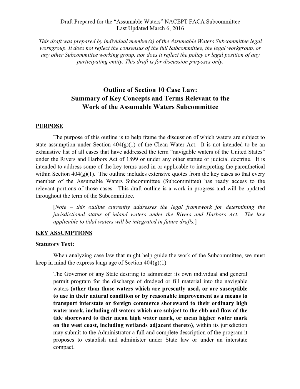 Section 10 Case Law: Summary of Key Concepts and Terms Relevant to the Work of the Assumable Waters Subcommittee