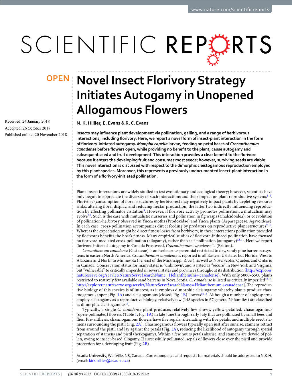 Novel Insect Florivory Strategy Initiates Autogamy in Unopened Allogamous Flowers Received: 24 January 2018 N