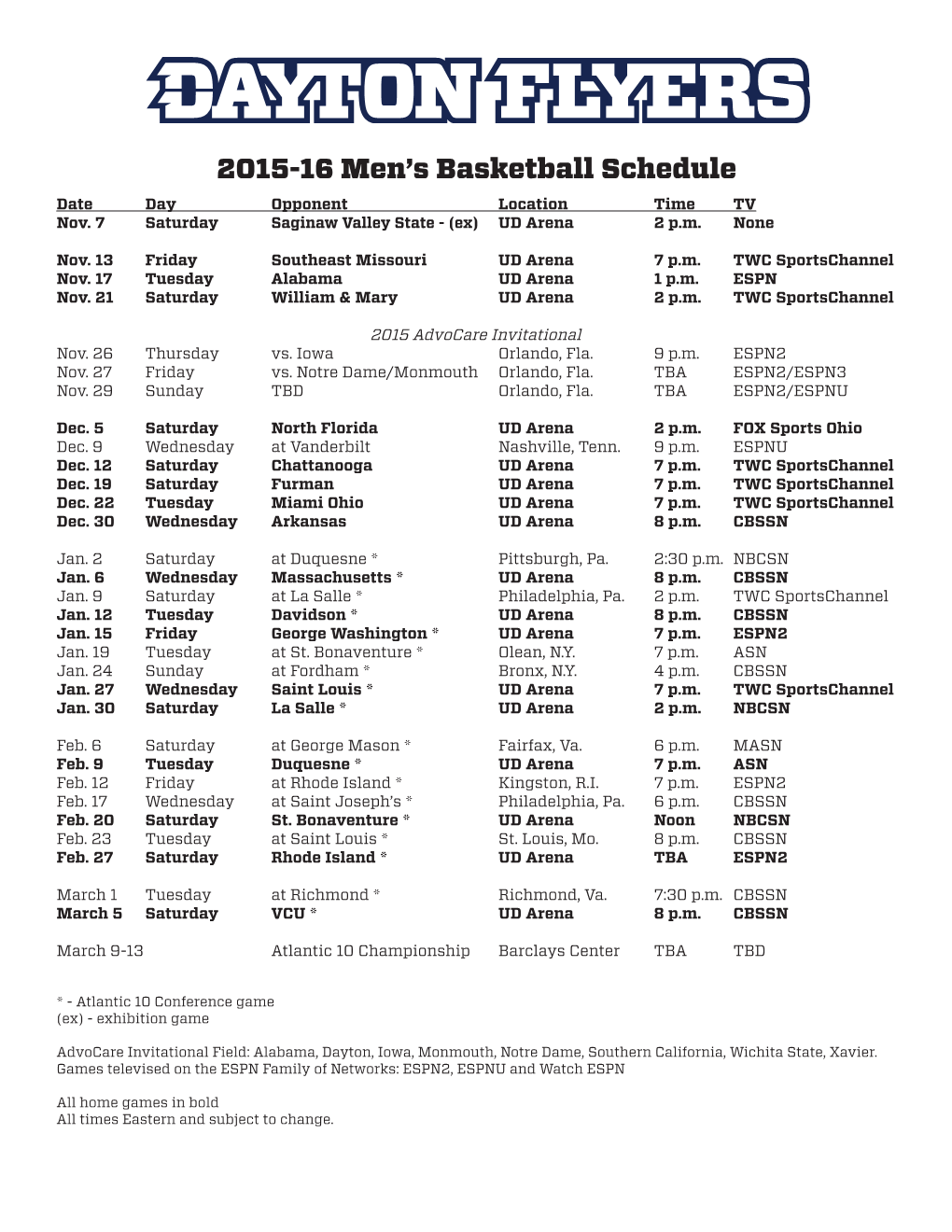 2015-16 Men's Basketball Schedule