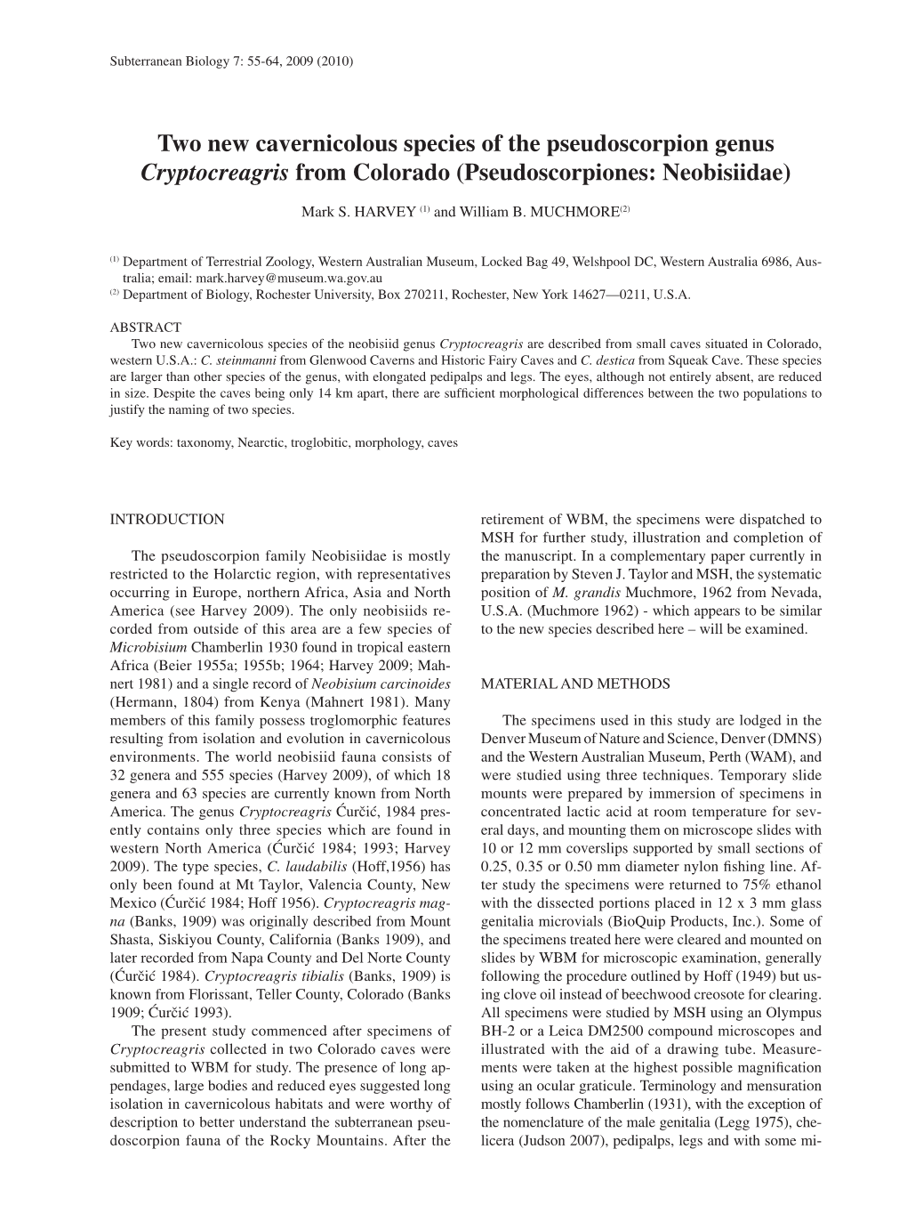 Two New Cavernicolous Species of the Pseudoscorpion Genus Cryptocreagris from Colorado (Pseudoscorpiones: Neobisiidae)