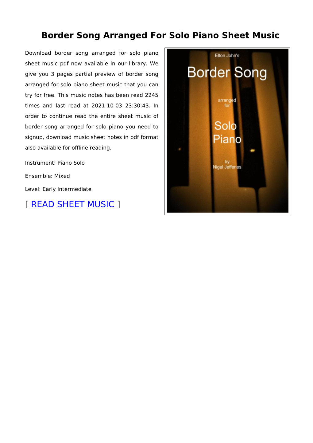 Border Song Arranged for Solo Piano Sheet Music