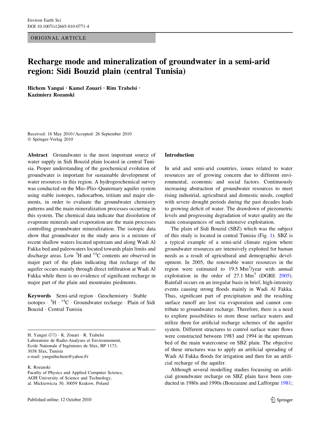 Recharge Mode and Mineralization of Groundwater in a Semi-Arid Region: Sidi Bouzid Plain (Central Tunisia)