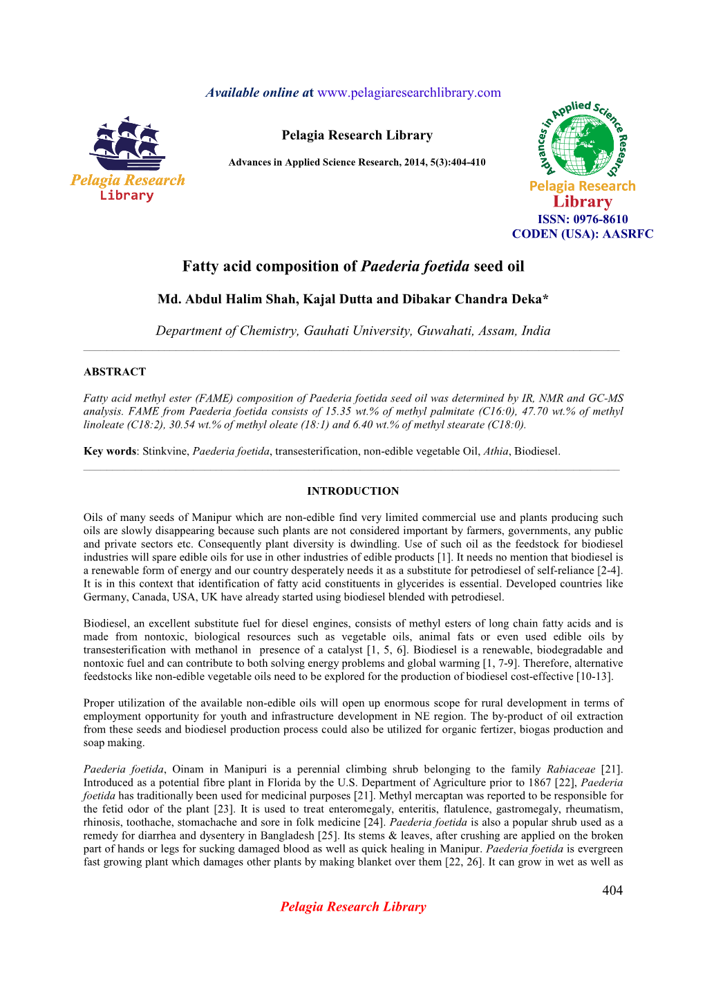 Fatty Acid Composition of Paederia Foetida Seed Oil