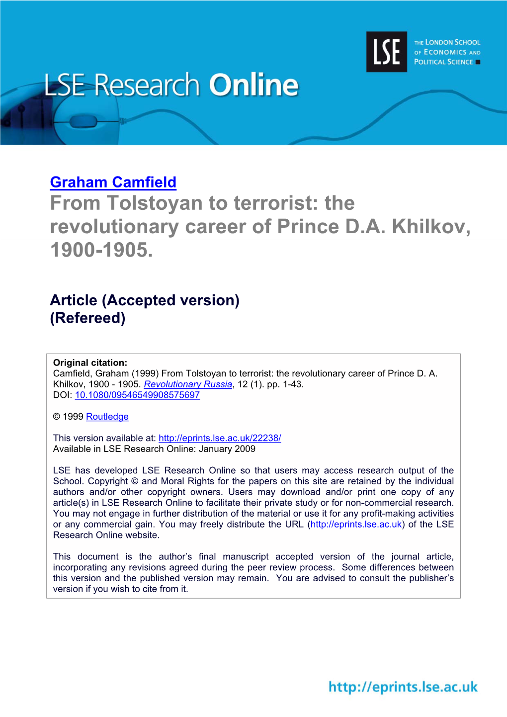 From Tolstoyan to Terrorist: the Revolutionary Career of Prince D.A