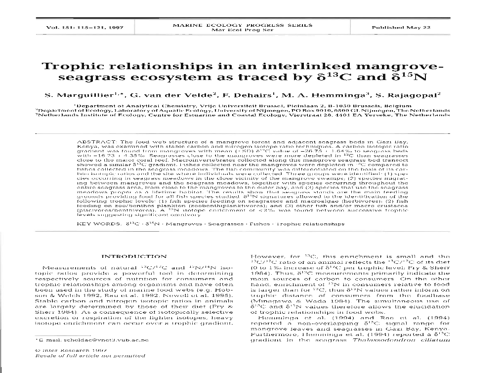 Trophic Relationships in an Interlinked Mangrove- Seagrass Ecosystem As Traced by 613C and 615~