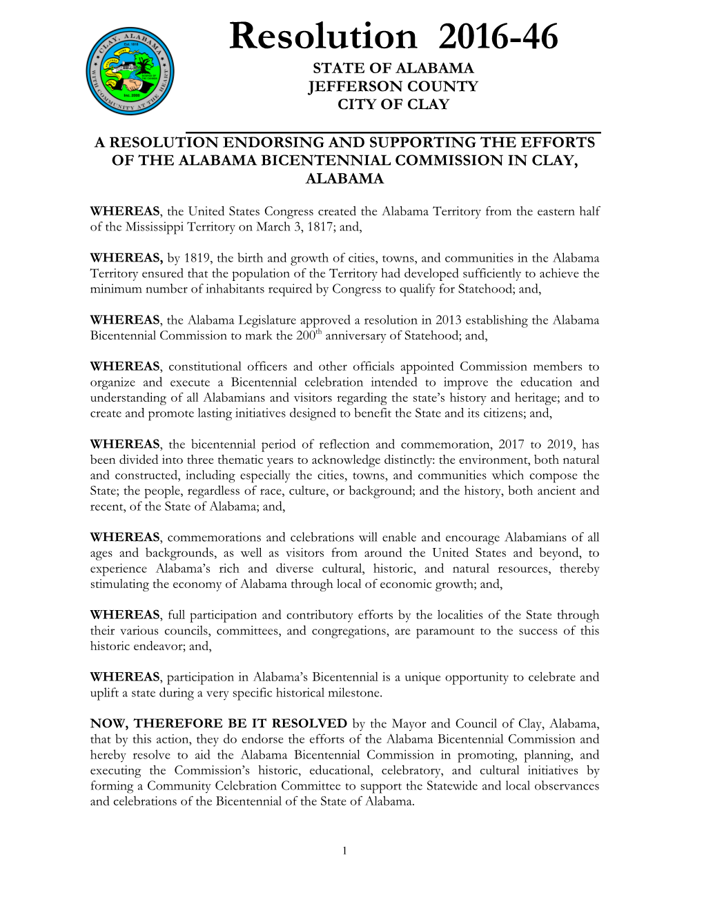 Resolution 2016-46 STATE of ALABAMA JEFFERSON COUNTY CITY of CLAY