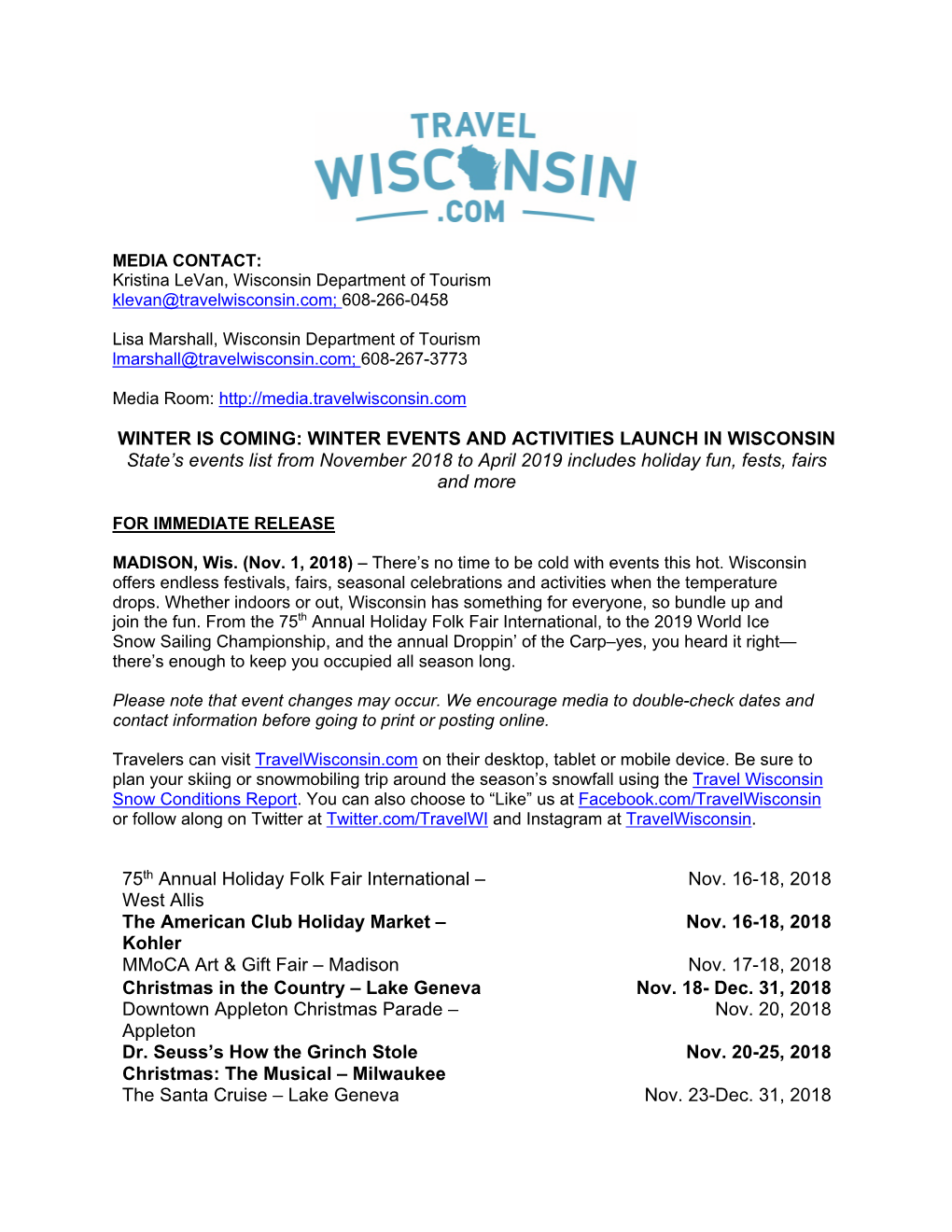 WINTER EVENTS and ACTIVITIES LAUNCH in WISCONSIN State’S Events List from November 2018 to April 2019 Includes Holiday Fun, Fests, Fairs and More
