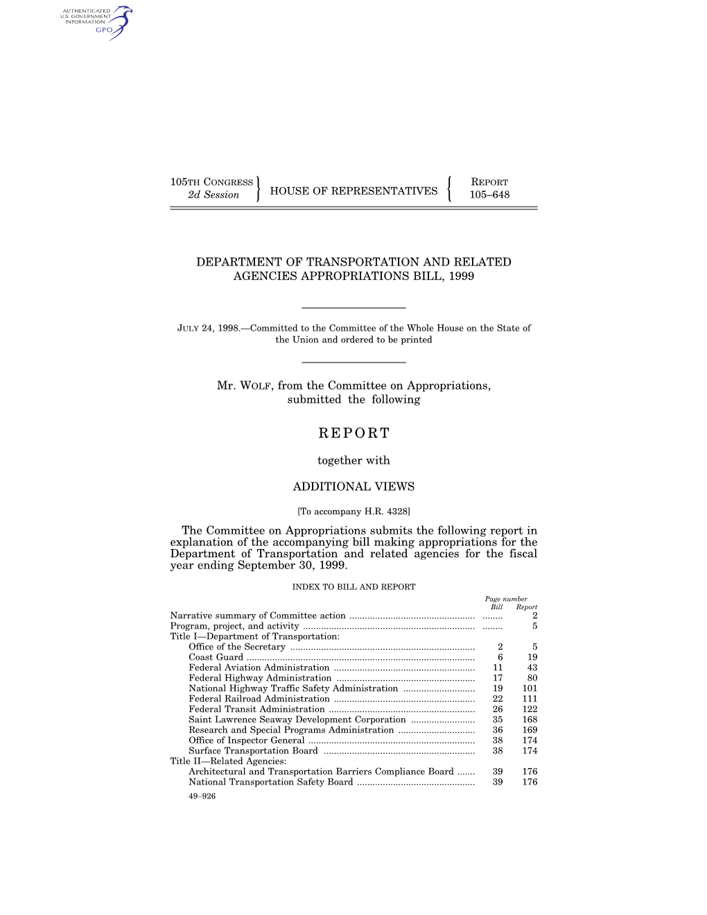 REPORT 2D Session HOUSE of REPRESENTATIVES 105–648 