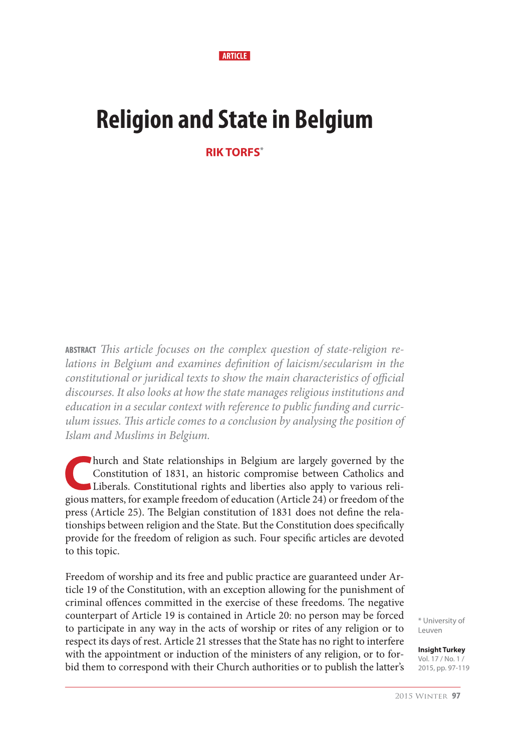 Religion and State in Belgium