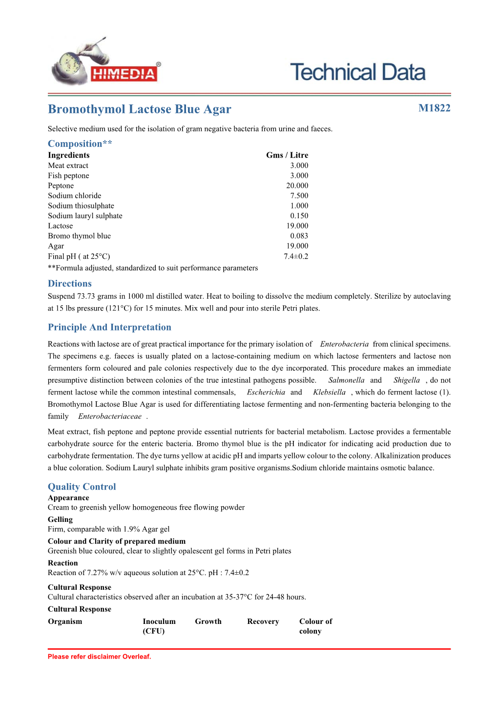 Bromothymol Lactose Blue Agar M1822