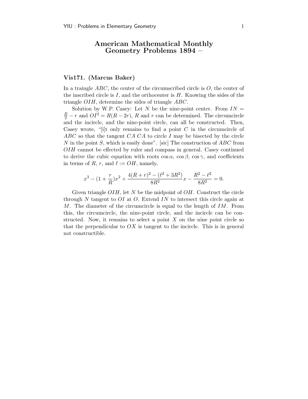 American Mathematical Monthly Geometry Problems 1894 –