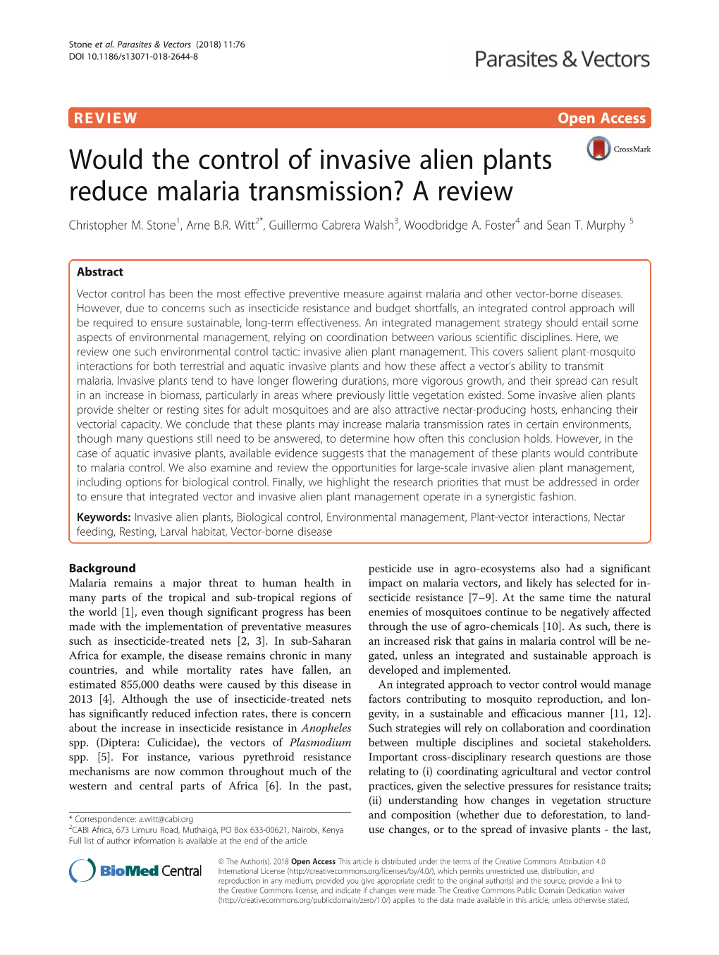 Would the Control of Invasive Alien Plants Reduce Malaria Transmission? a Review Christopher M