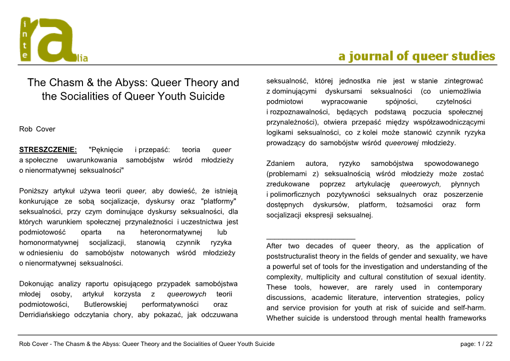 The Chasm & the Abyss: Queer Theory and the Socialities of Queer Youth Suicide