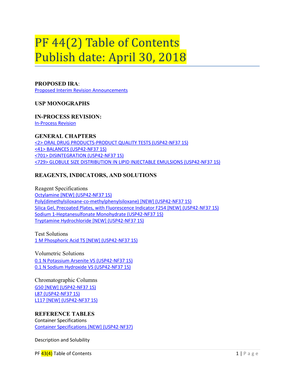 PF 44(2) Table of Contents Publish Date: April 30, 2018