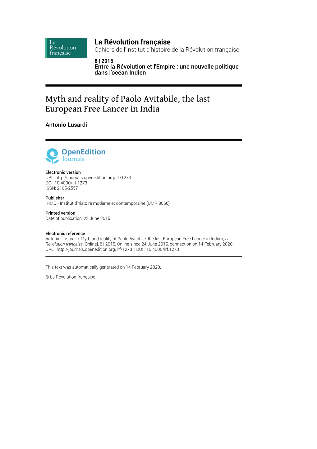 La Révolution Française, 8 | 2015 Myth and Reality of Paolo Avitabile, the Last European Free Lancer in India 2