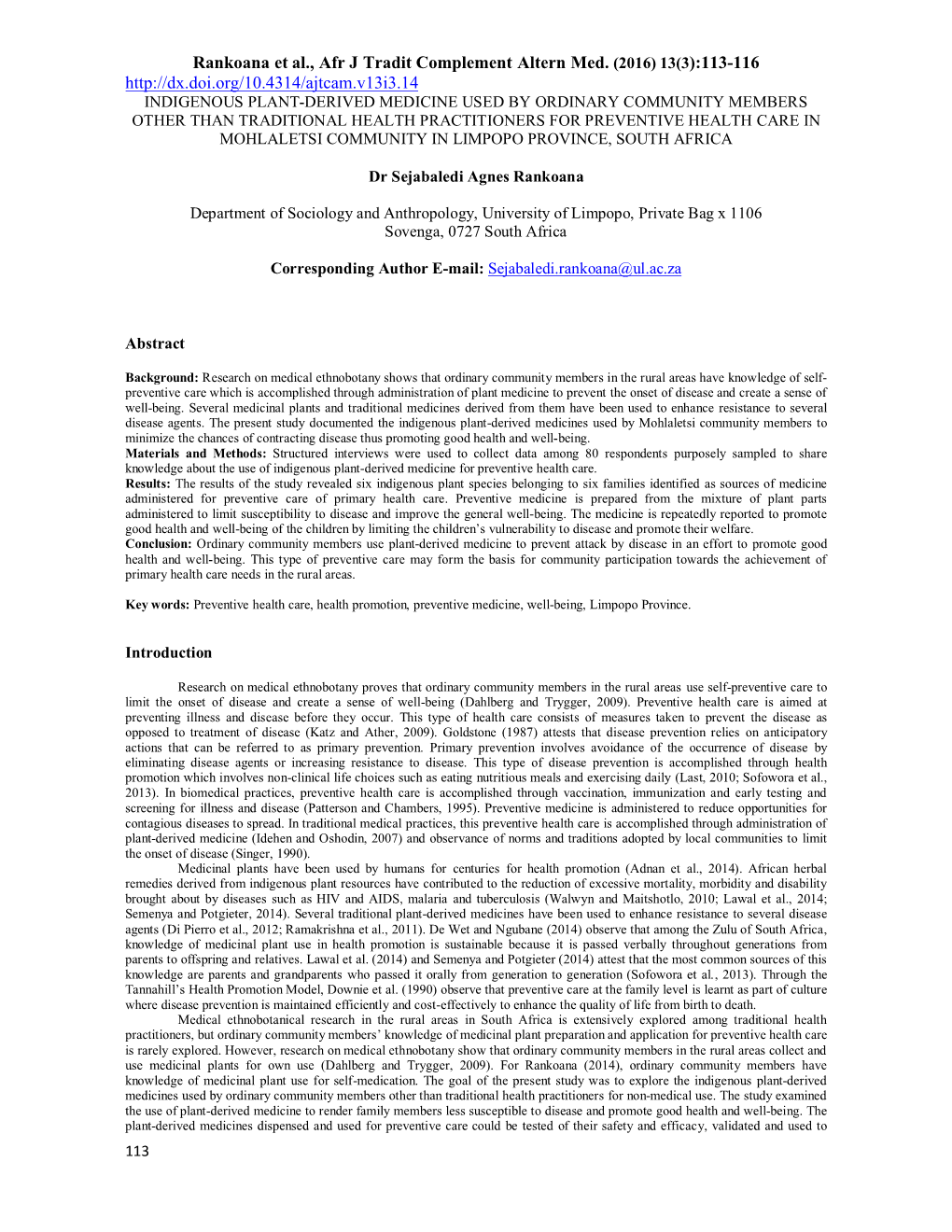 Rankoana Et Al., Afr J Tradit Complement Altern Med. (2016) 13(3)