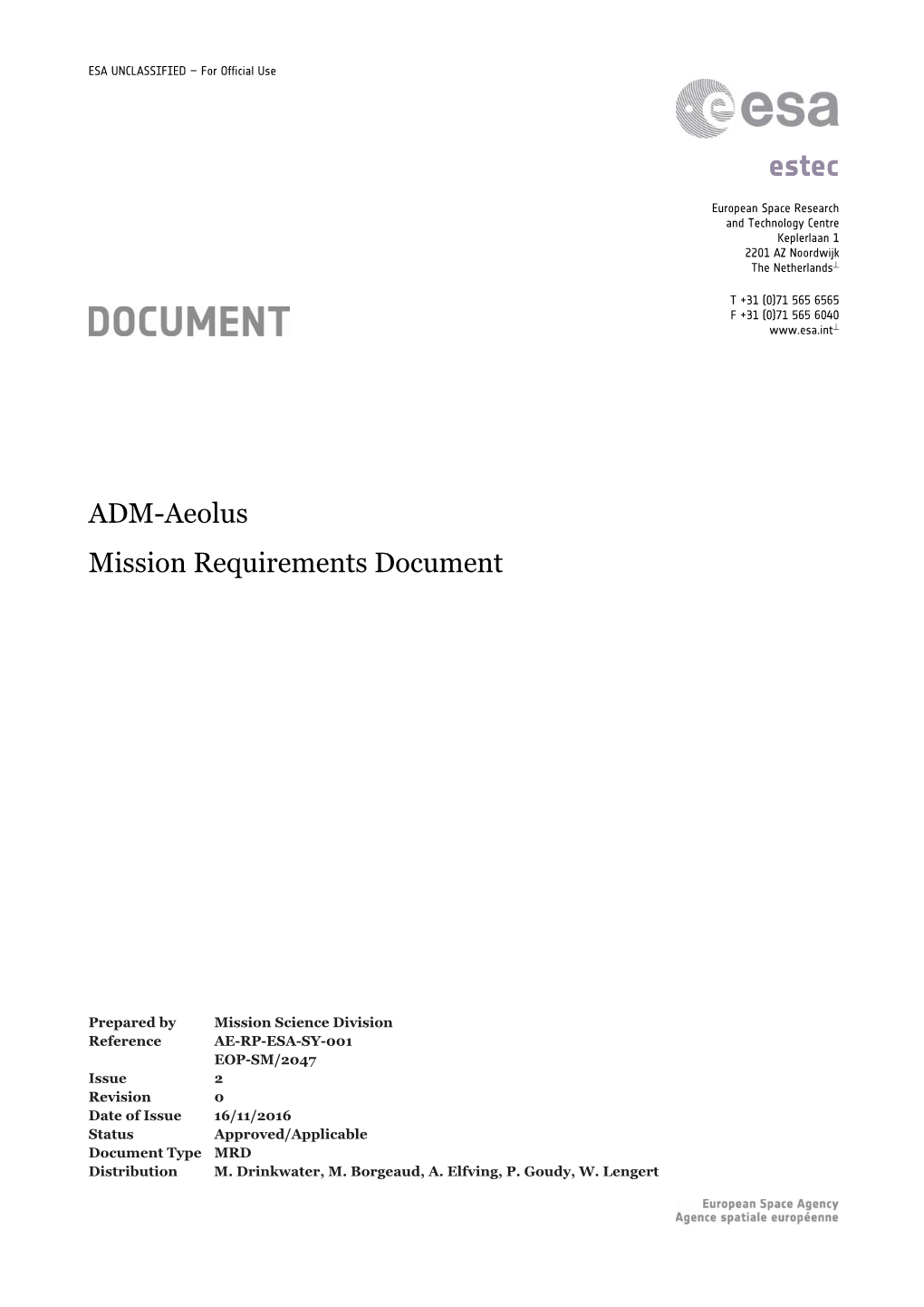 ADM-Aeolus Mission Requirements Document