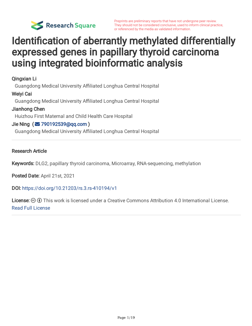 Identi Cation of Aberrantly Methylated Differentially Expressed Genes In
