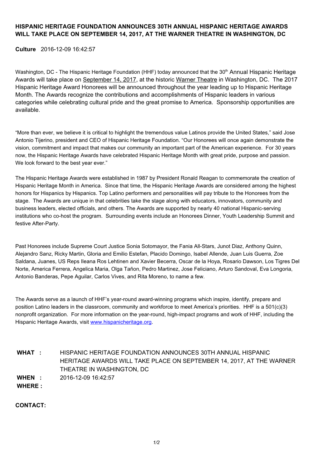 Hispanic Heritage Foundation Announces 30Th Annual Hispanic Heritage Awards Will Take Place on September 14, 2017, at the Warner Theatre in Washington, Dc