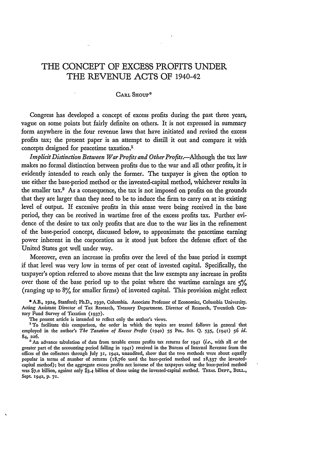 The Concept of Excess Profits Under the Revenue Acts of 1940–42