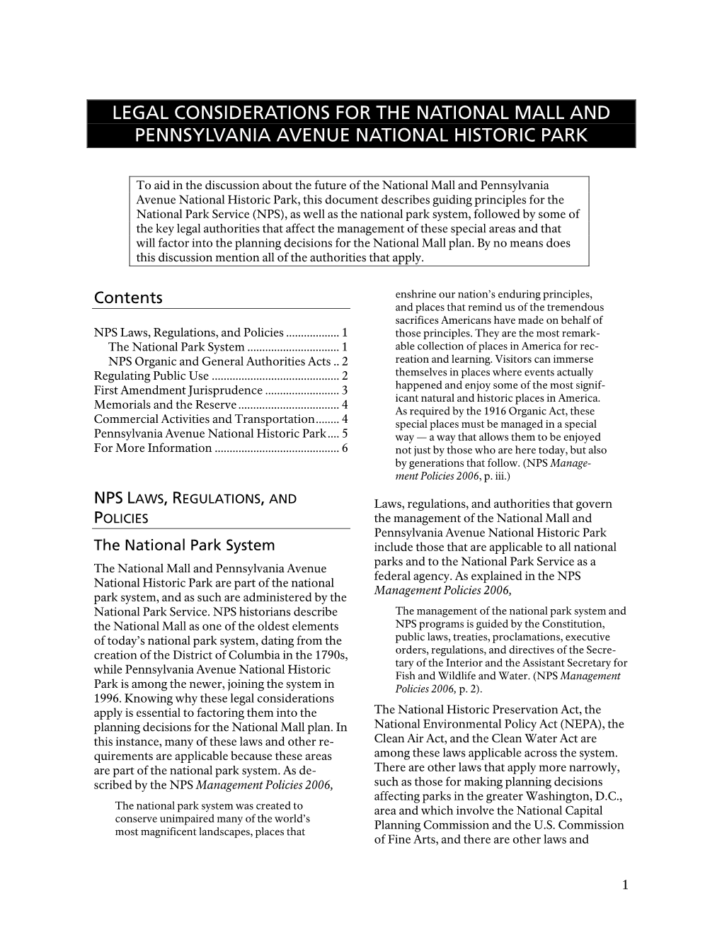Legal Considerations for the National Mall and Pennsylvania Avenue National Historic Park