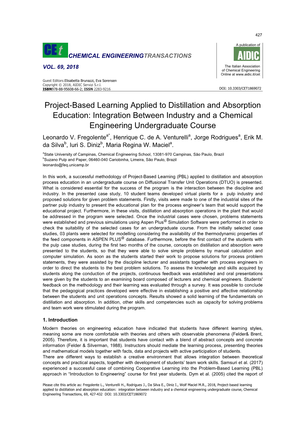 Project-Based Learning Applied to Distillation and Absorption Education: Integration Between Industry and a Chemical