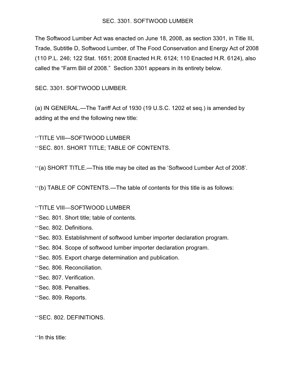 Sec. 3301. Softwood Lumber