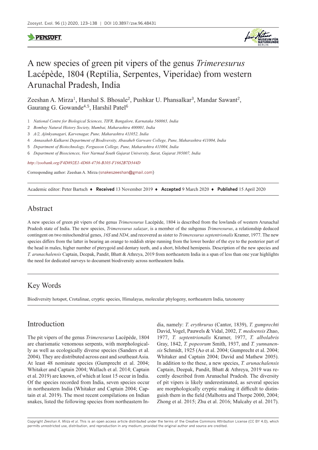 A New Species of Green Pit Vipers of the Genus Trimeresurus Lacépède, 1804 (Reptilia, Serpentes, Viperidae) from Western Arunachal Pradesh, India