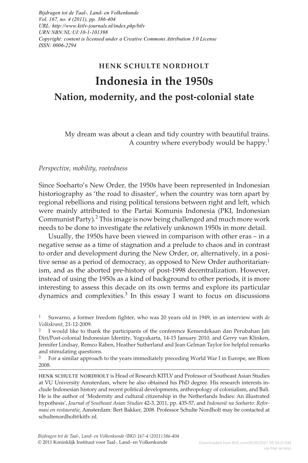 Indonesia in the 1950S Nation, Modernity, and the Post-Colonial State