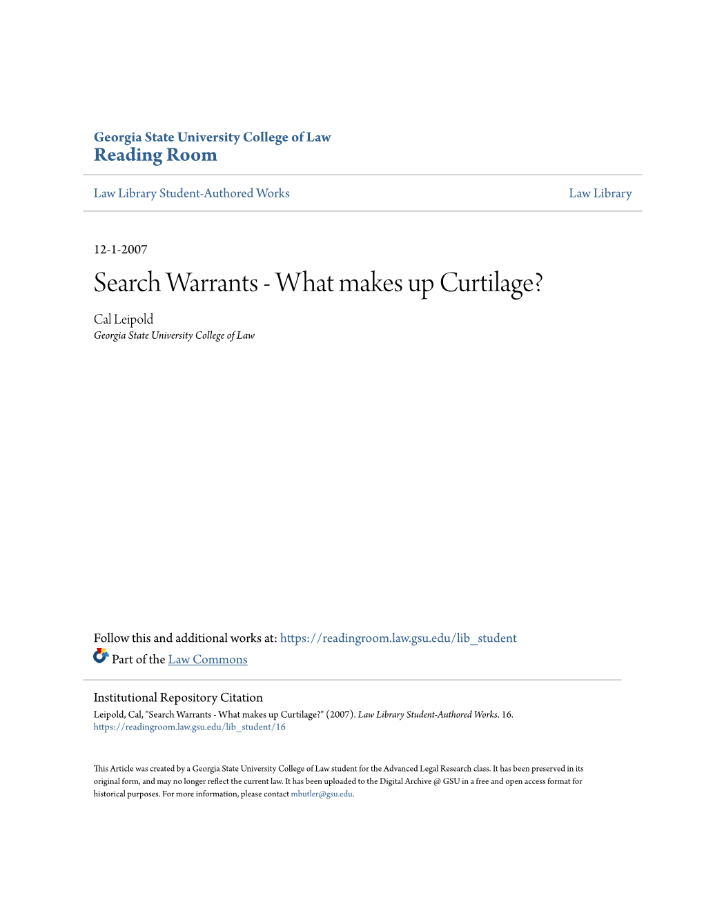 Search Warrants - What Makes up Curtilage? Cal Leipold Georgia State University College of Law