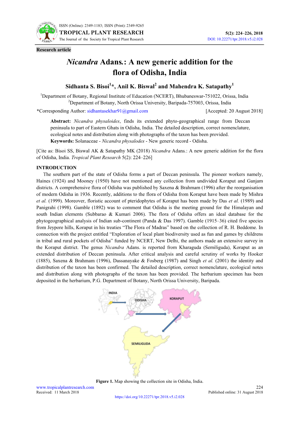 Nicandra Adans. a New Generic Addition for the Flora of Odisha, India