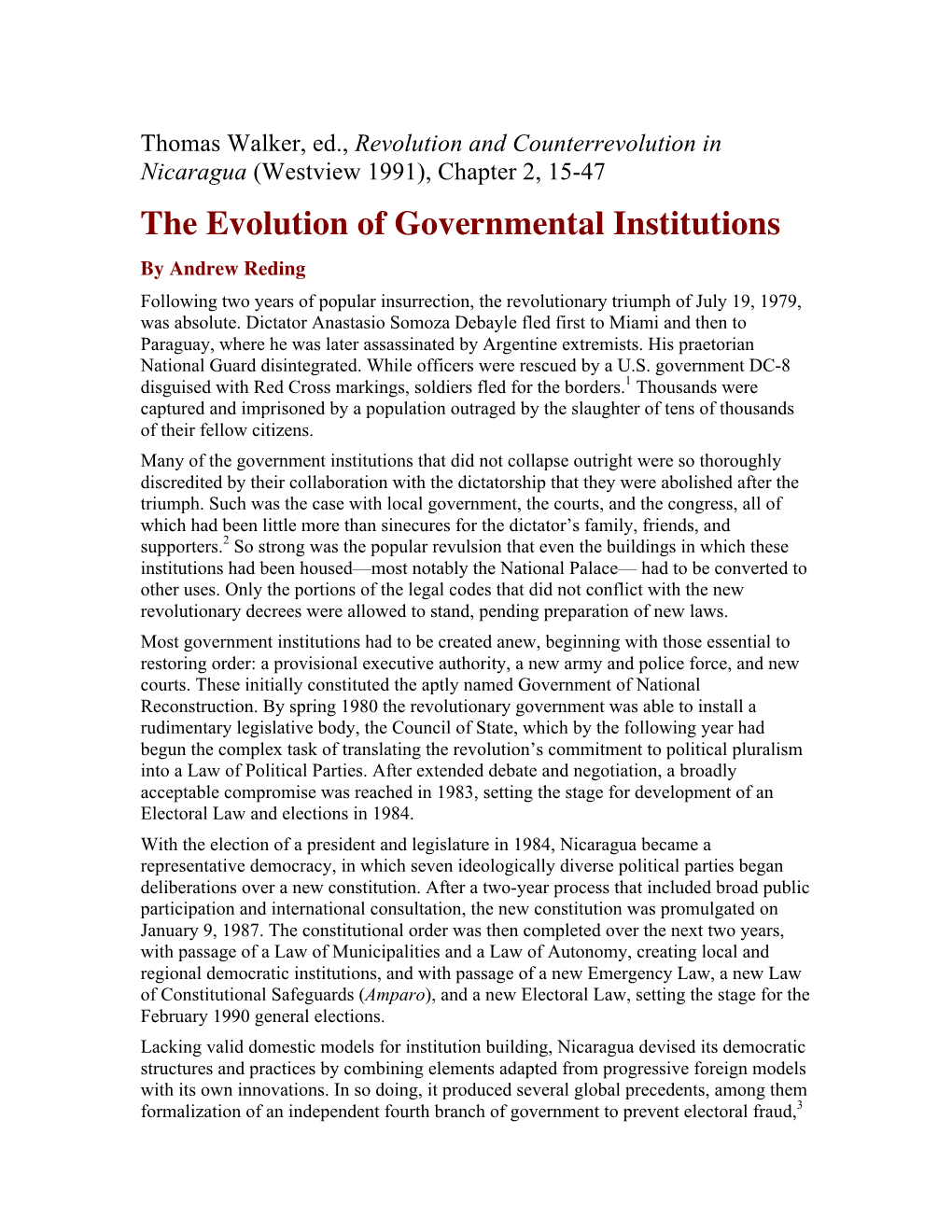 Revolutionary Nicaragua: the Evolution of Governmental Institutions