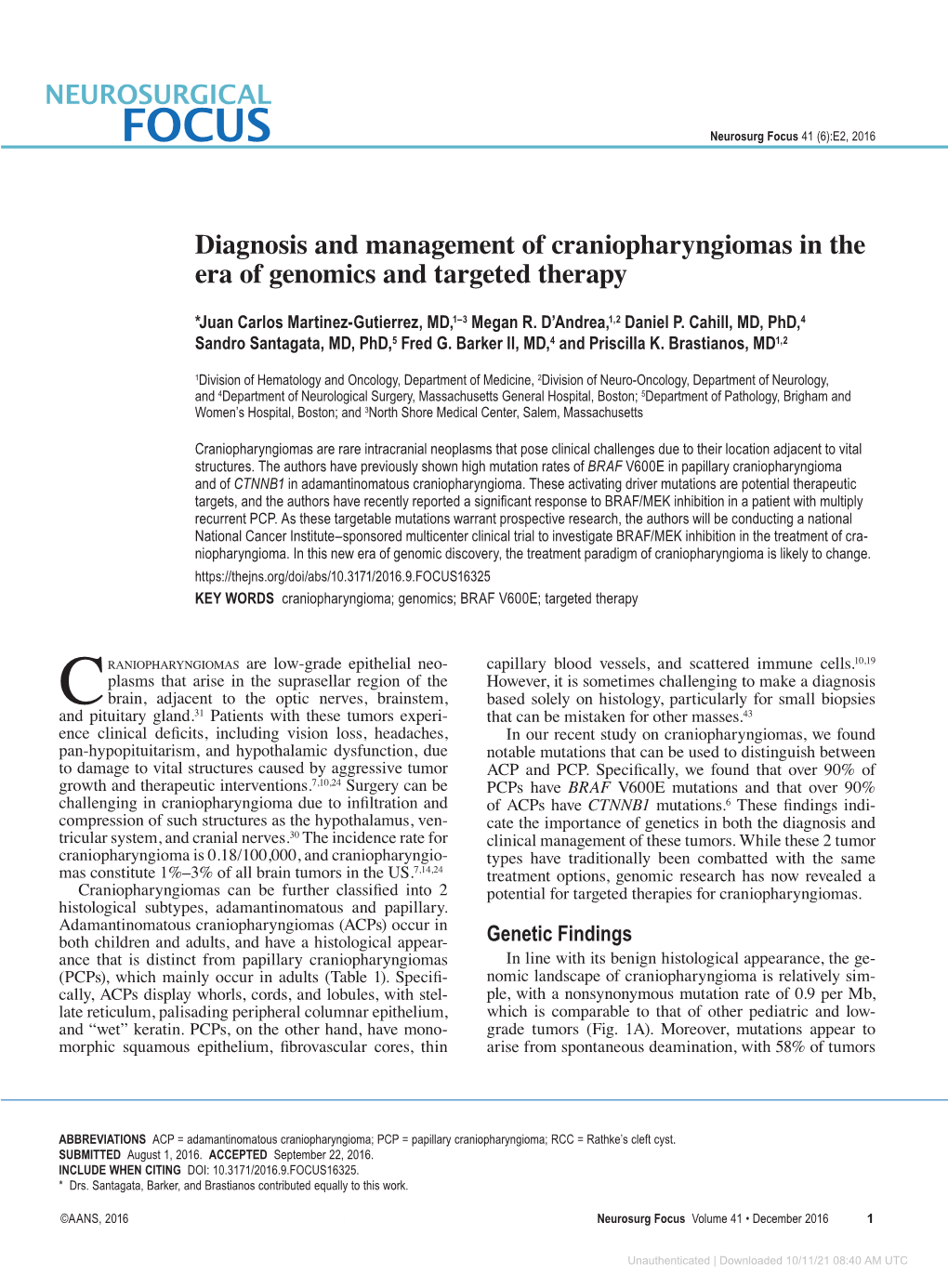 Diagnosis and Management of Craniopharyngiomas in the Era of Genomics and Targeted Therapy