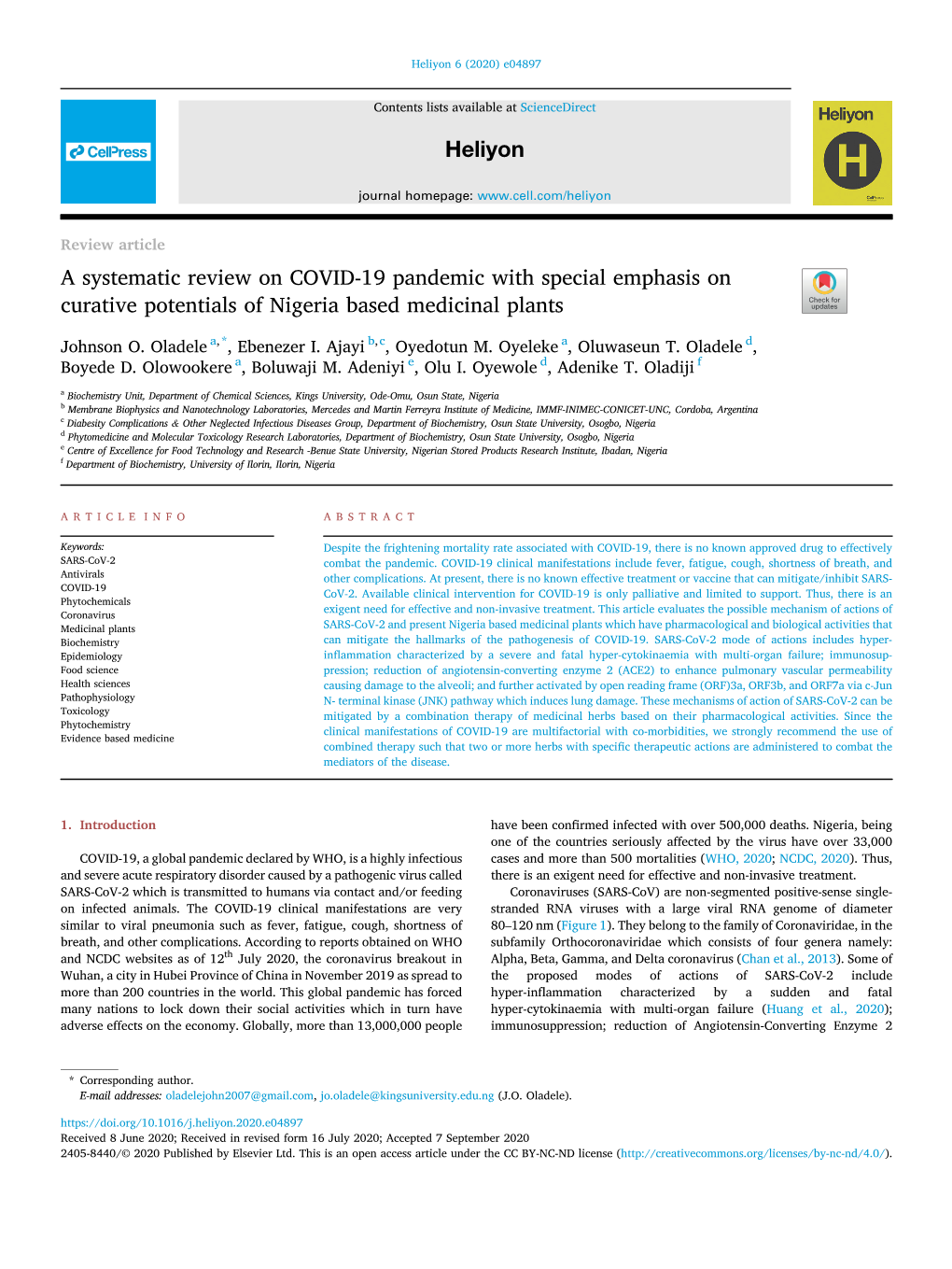 A Systematic Review on COVID-19 Pandemic with Special Emphasis on Curative Potentials of Nigeria Based Medicinal Plants