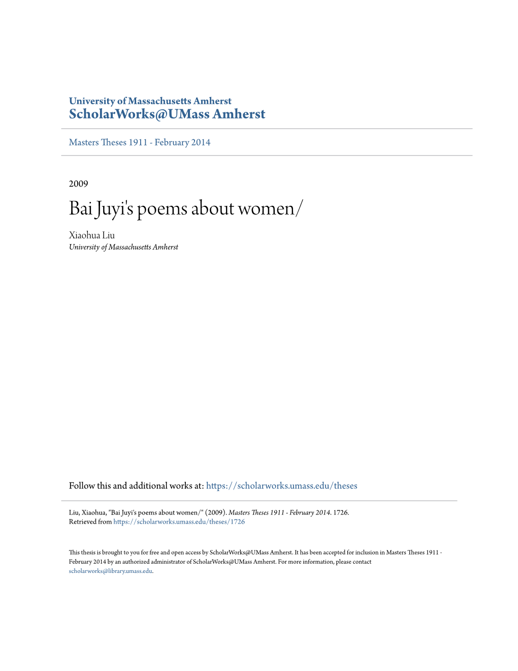 Bai Juyi's Poems About Women/ Xiaohua Liu University of Massachusetts Amherst