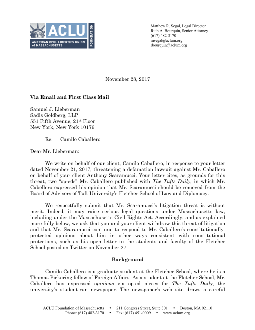 November 28, 2017 Via Email and First Class Mail Samuel J. Lieberman Sadis Goldberg, LLP 551 Fifth Avenue, 21St Floor New York