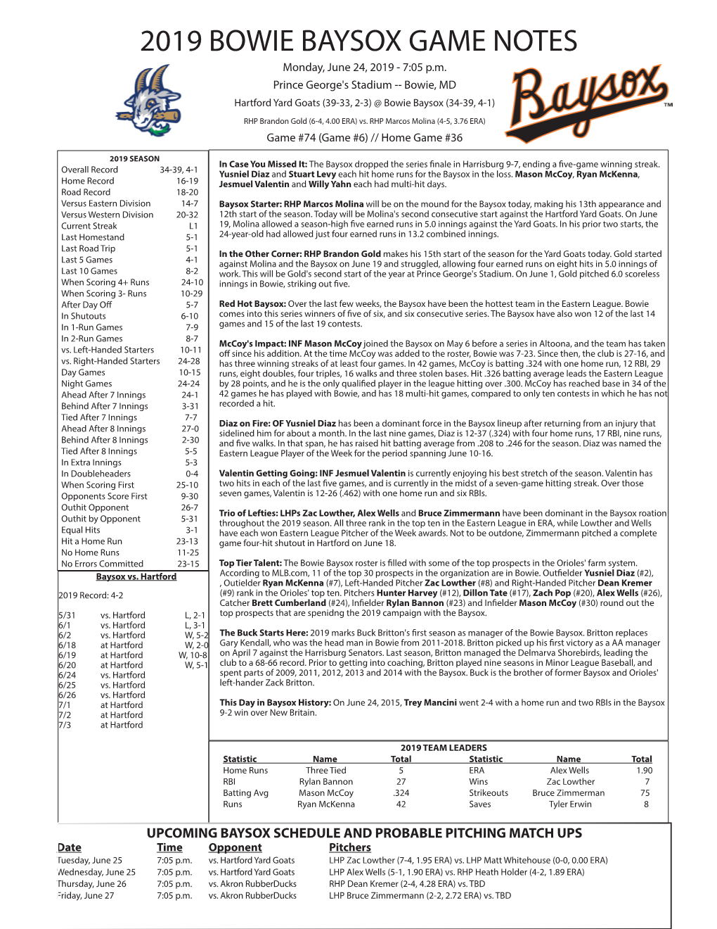 2019 BOWIE BAYSOX GAME NOTES Monday, June 24, 2019 - 7:05 P.M