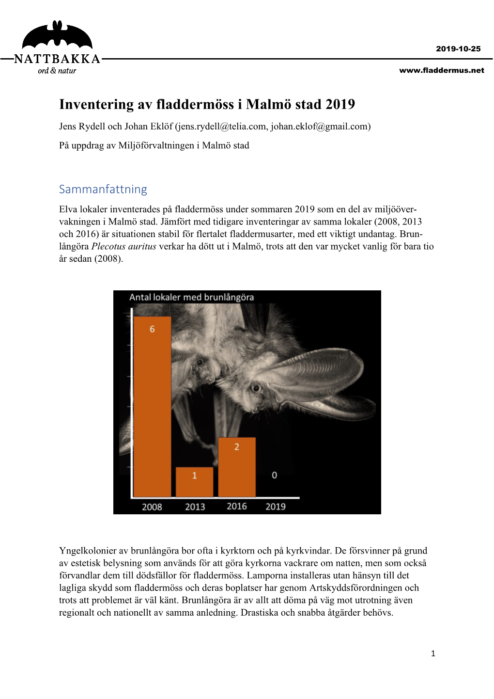Inventering Av Fladdermöss I Malmö Stad 2019 Jens Rydell Och Johan Eklöf (Jens.Rydell@Telia.Com, Johan.Eklof@Gmail.Com) På Uppdrag Av Miljöförvaltningen I Malmö Stad