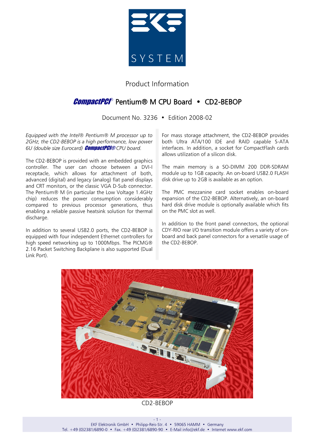 Product Information Compactpci® Pentium® M CPU Board • CD2-BEBOP