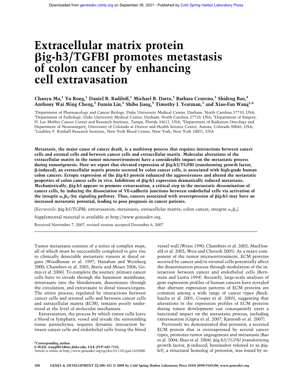 Extracellular Matrix Protein Ig-H3/TGFBI Promotes Metastasis of Colon Cancer by Enhancing Cell Extravasation