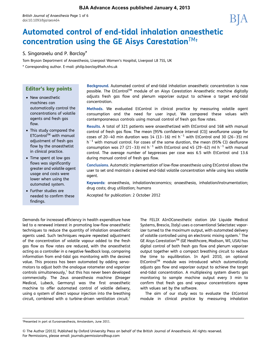 Automated Control of End-Tidal Inhalation Anaesthetic Concentration Using the GE Aisys Carestationtm†